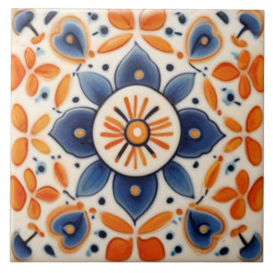 Volkskunst Blumen Orange & Blaue Blume Fliese
