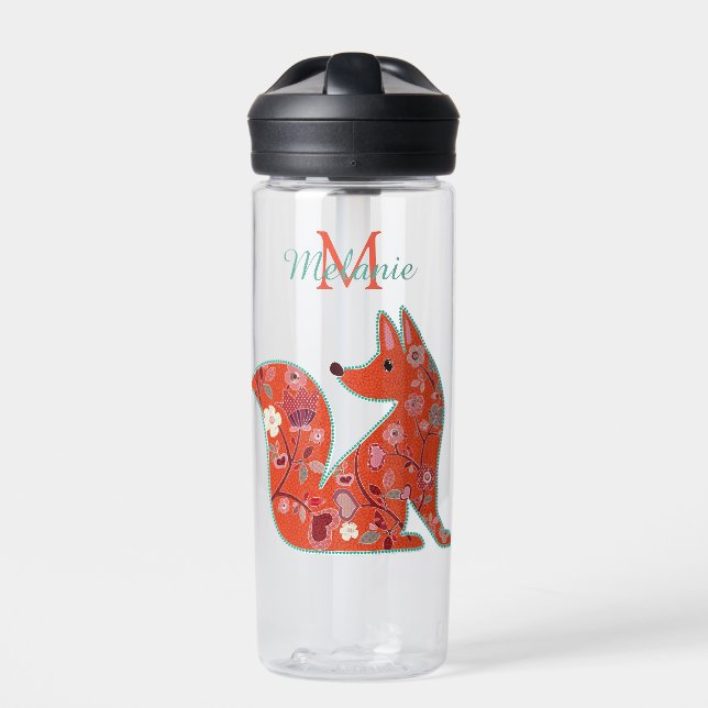 Volkskunst-Blumenmuster-Fuchs personalisiert Trinkflasche (Vorderseite)