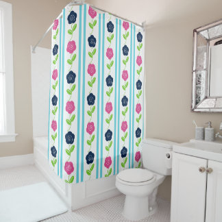 Volkskunst Blumenstreifen - Marineblau Hot Pink Aq Duschvorhang