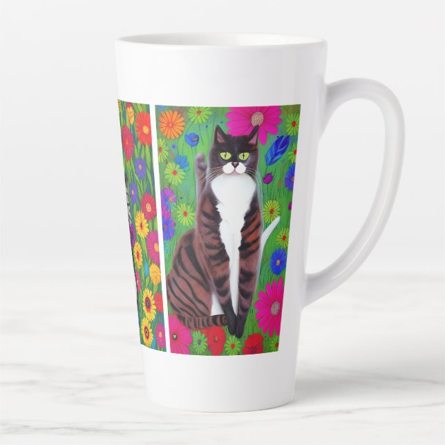 Volkskunst - farbenfrohe Katzen und Blume | AI Art Milchtasse (Rechts)
