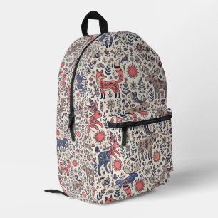 Volkskunst-Fuchs-Elch-Hase-Nordischer-Wald-Rucksac Bedruckter Rucksack