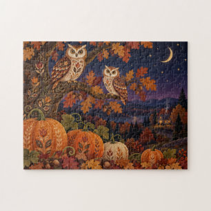 Volkskunst Herbstliche Eulen Kürbis Nacht Landscha