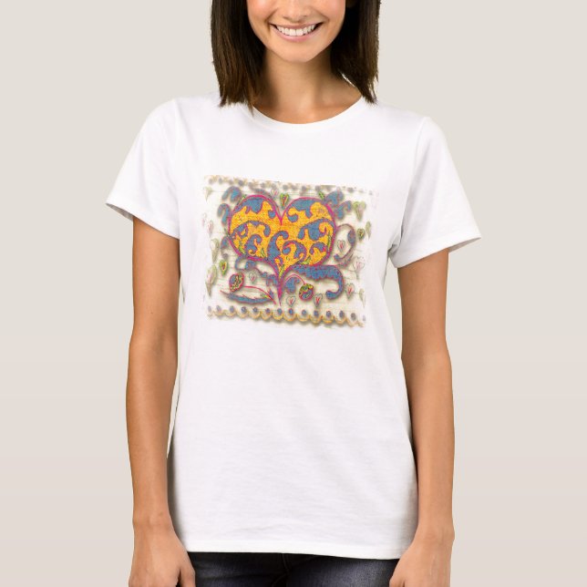 Volkskunst Herz mit Blätter und Blume T-Shirt (Vorderseite)