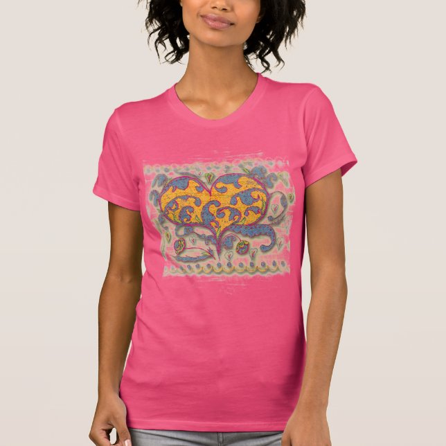 Volkskunst Herz mit Blätter und Blume T-Shirt (Vorderseite)