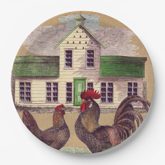 Volkskunst-Hof-Huhn-rustikaler Entwurf Pappteller (Vorderseite)