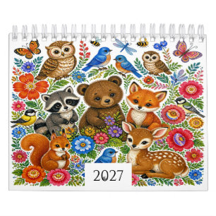 Volkskunst-Kalender für Waldtiere (12 Monate) Kalender