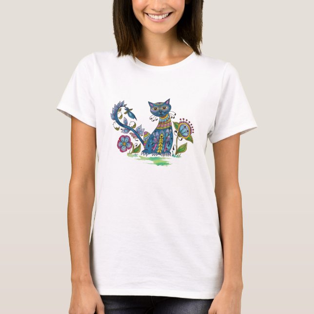 Volkskunst-Katze mit Haltung T-Shirt (Vorderseite)