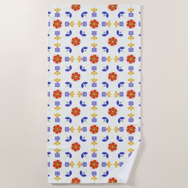 Volkskunst-NeonBlumen-geometrisches Muster Strandtuch (Vorderseite)
