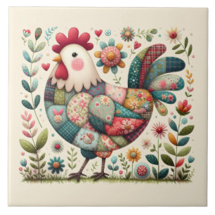 Volkskunst-Patchwork-Hahn mit floralen Akzenten Fliese