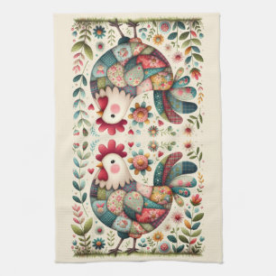 Volkskunst-Patchwork-Hahn mit floralen Akzenten Geschirrtuch