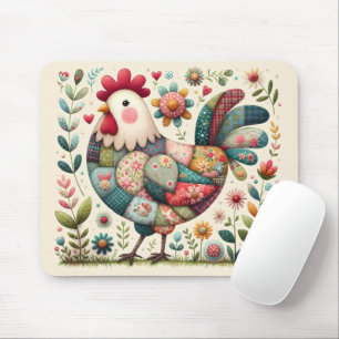 Volkskunst-Patchwork-Hahn mit floralen Akzenten Mousepad