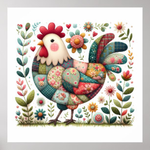 Volkskunst-Patchwork-Hahn mit floralen Akzenten Poster