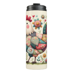 Volkskunst-Patchwork-Hahn mit floralen Akzenten Thermosbecher