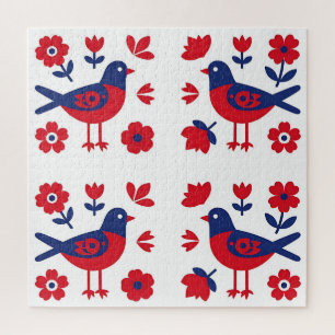 Volkskunst Rot Blau Vogel Blumenmuster