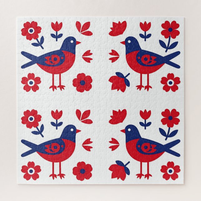 Volkskunst Rot Blau Vogel Blumenmuster (Vertikal)