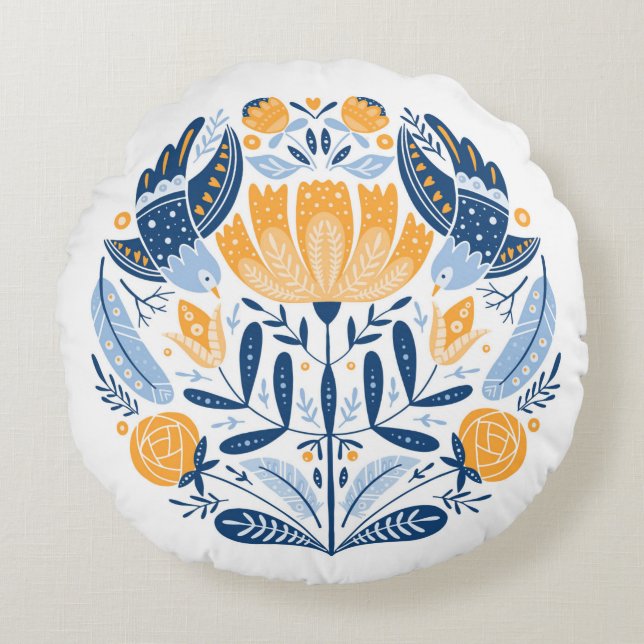Volkskunst rund mit Vögeln, Rose und Blumen Rundes Kissen (Vorderseite)