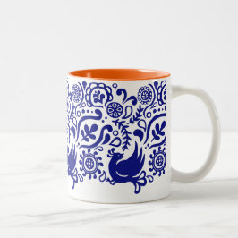 Volkskunst-Vogel-u. Blumen-Muster | blaue u. weiße Zweifarbige Tasse