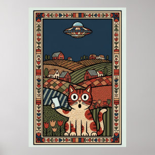 Volkskunstkatze mit UFO in ländlicher Fantasie Poster