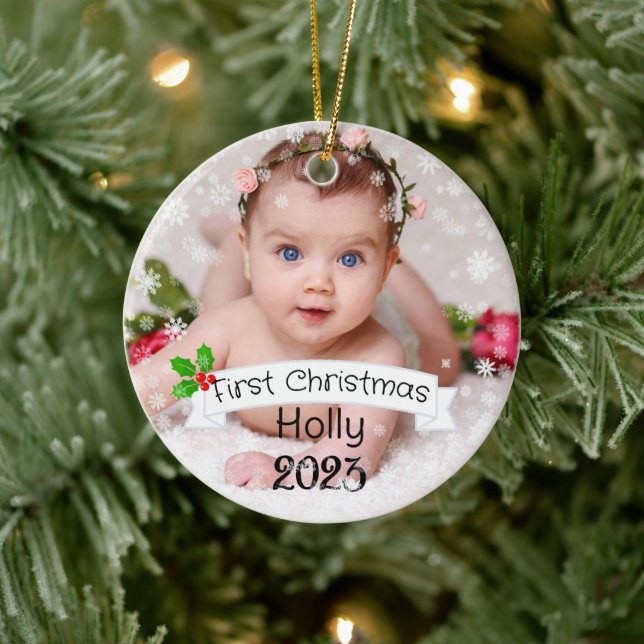 Voll angepasstes Baby's erstes Weihnachten Keramik Ornament (Baum)