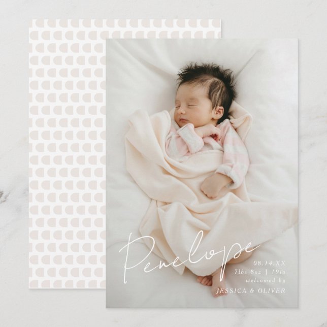 Vollblute, moderne kalligraphische Babyname Ankündigung (Vorne/Hinten)