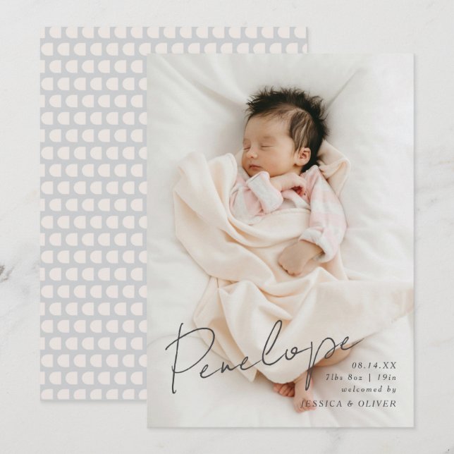 Vollblute, moderne kalligraphische Babyname Ankündigung (Vorne/Hinten)