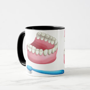 Volle Zahnprothesen und Blaue Zahnbürste Zahnpfleg Tasse