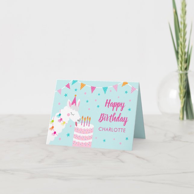 Voller Llama Fun Cake 4. Aqua Happy Birthday Karte (Vorderseite)