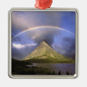 Voller Regenbogen und stürmischer Himmel über Grin Silbernes Ornament