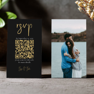 Volles Foto Gold QR Code Schwarze Hochzeit RSVP Begleitkarte