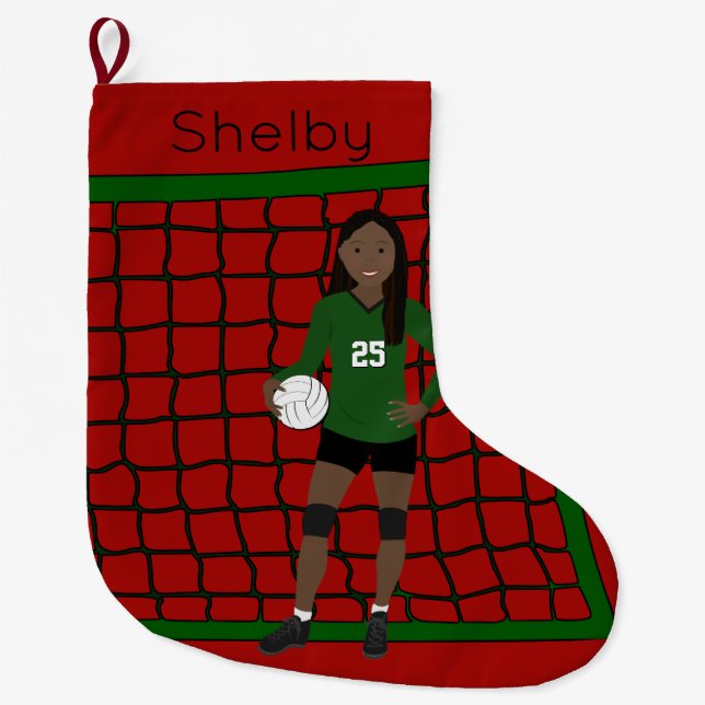 Volleyball-Afrikanerin in Grün Großer Weihnachtsstrumpf (Vorderseite)