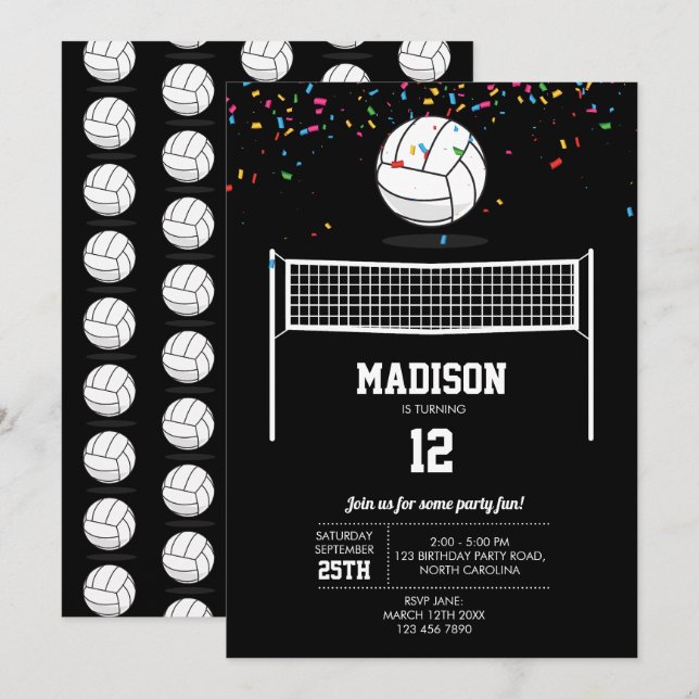 Volleyball Ball & Net Black Birthday Party Einladung (Vorne/Hinten)