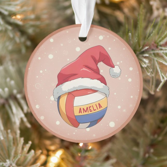 Volleyball Ball with Red Santa Hat Name Christmas Ornament (Baum)
