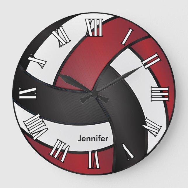 Volleyball | Dark Red, Black and White Style Große Wanduhr (Vorderseite)