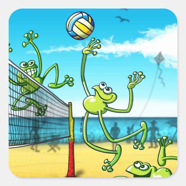 Volleyball Frosch Quadratischer Aufkleber (Vorderseite)