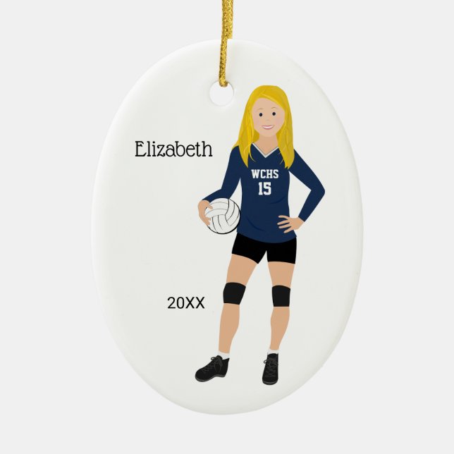 Volleyball Girl Blonde Dark Blue & Black Keramik Ornament (Vorne)