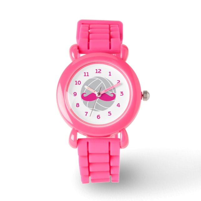 Volleyball Glitzer rosa Schnurrbart Volleyballuhr Armbanduhr (Vorderseite)