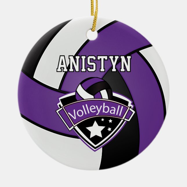 Volleyball in Lila, weiß und schwarz personalisier Keramik Ornament (Vorne)