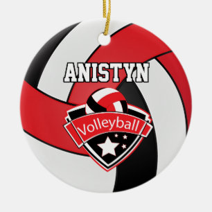 Volleyball in Rot, Weiß und Schwarz personalisier Keramik Ornament