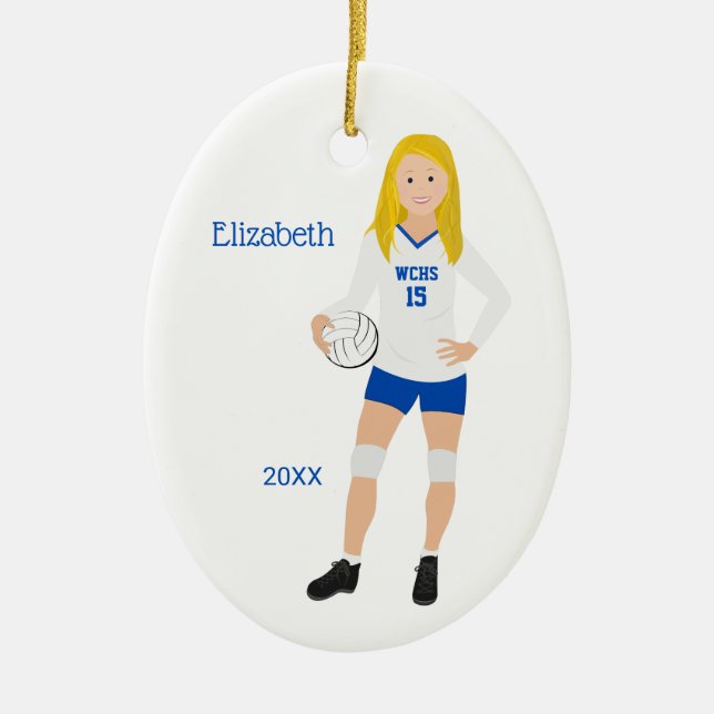 Volleyball-Mädchen-blondes Blaues u. weiß Keramik Ornament (Vorne)