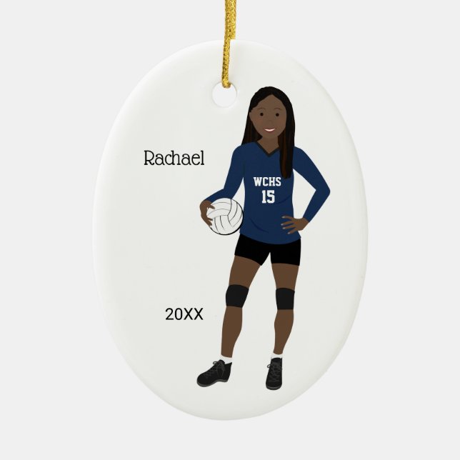 Volleyball-Mädchen-langes schwarzes Haar Keramik Ornament (Vorne)