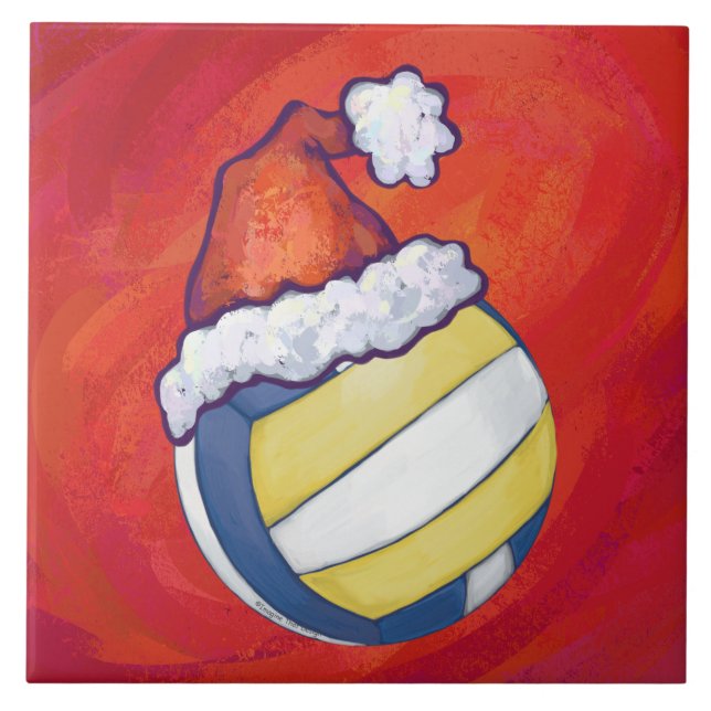 Volleyball mit Weihnachtshut Fliese (Vorderseite)