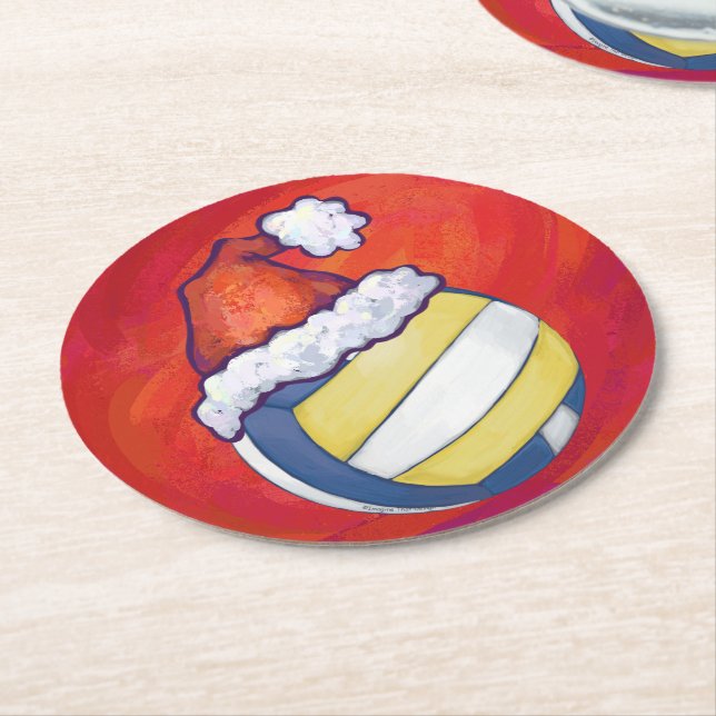 Volleyball mit Weihnachtshut Runder Pappuntersetzer (Angewinkelt)