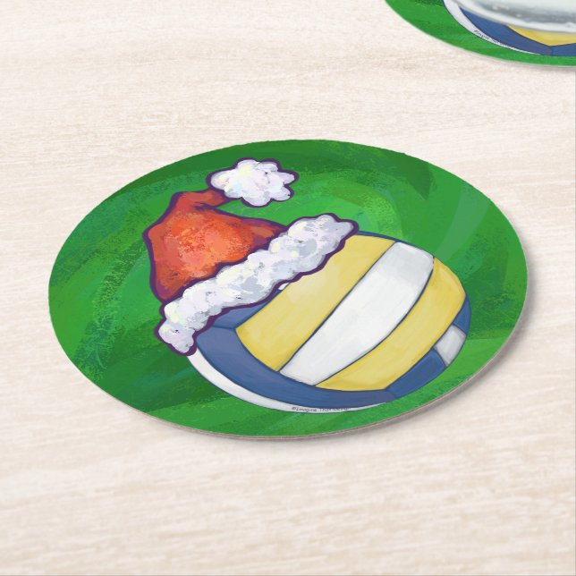 Volleyball mit Weihnachtshut Runder Pappuntersetzer (Angewinkelt)