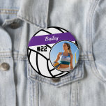 Volleyball Pin Name & Number Purple Photo Button<br><div class="desc">This design features a volleyball background with space for a name, number and photo. Click the customize button for more flexibility in adjusting the text! Variations of this design, other sports, as well as coordinating products are available in our shop, zazzle.com/store/doodlelulu. Contact us if you need this design applied to...</div>