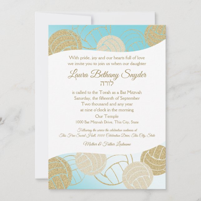 Volleyball Sportboot Mitzvah Blue und Gold Einladung (Vorderseite)