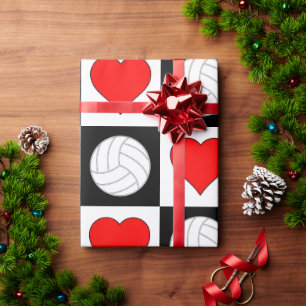 Volleyball-und Herz-schwarz u. weißeskariertes Geschenkpapier
