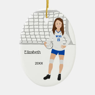 Volleyball Weibchen Brünett Blau & Weiß Keramik Ornament
