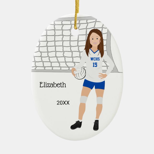 Volleyball Weibchen Brünett Blau & Weiß Keramik Ornament (Vorne)