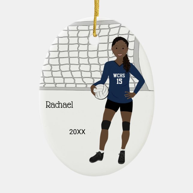 Volleyball Weibliche Schwarze Haare in dunkelblau  Keramik Ornament (Vorne)