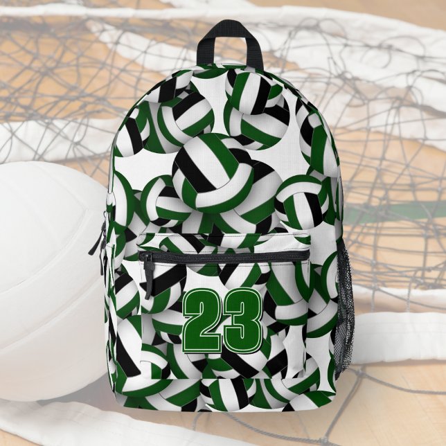 Volleyballsportart grün Schwarze Mannschaftsfarben Bedruckter Rucksack (Front view custom volleyball backpack w/ green/black volleyballs pattern, athlete jersey number)